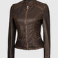 Women's Rachel Dark Brown Rub-off Cafe Racer Leather Jacket - model wearing the jacket