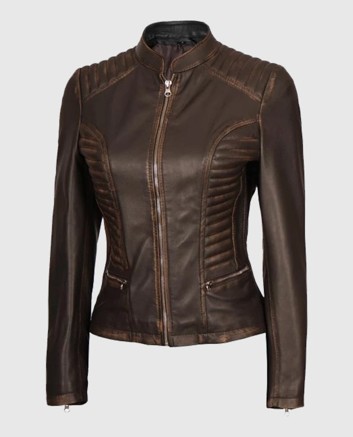 Women's Rachel Dark Brown Rub-off Cafe Racer Leather Jacket - model wearing the jacket