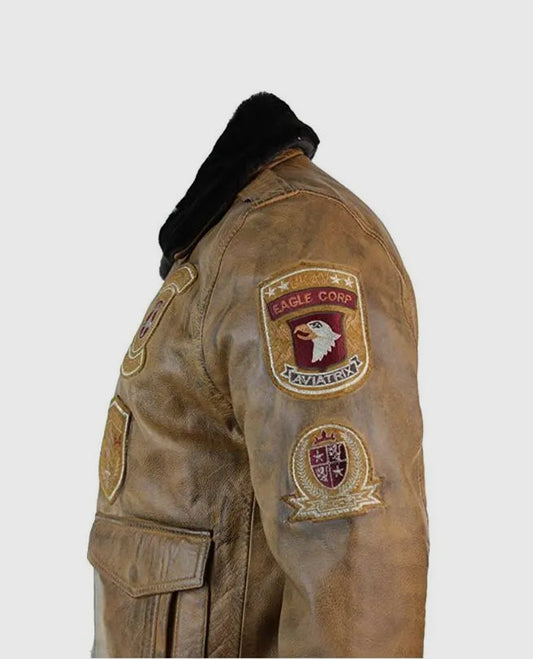 Men's Aviator Fur Brown Bomber Leather Jacket – Custom Fit - side angle view