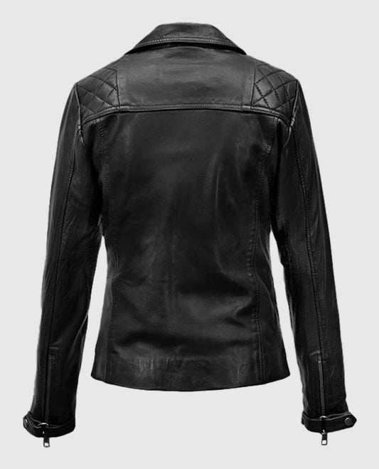 Lucifer S05 Chloe Decker Black Leather Biker Jacket for Women - side angle view