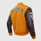 NBA Brooklyn Nets Men's Brown Varsity Leather Jacket - side angle view