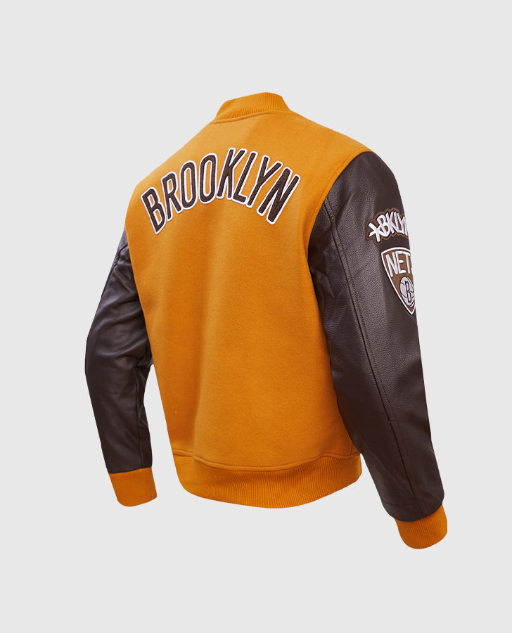 NBA Brooklyn Nets Men's Brown Varsity Leather Jacket - side angle view
