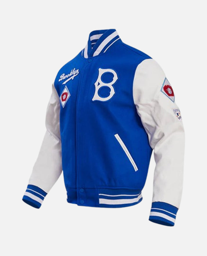 MLB Brooklyn Dodgers Men's Rib Wool Varsity Jacket Royal Blue White - collar and zip close-up