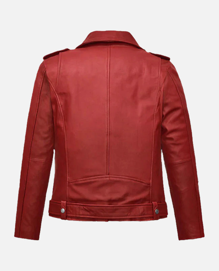 Freaky Millie Red Leather Biker Jacket for Women – Premium Outerwear - side angle view