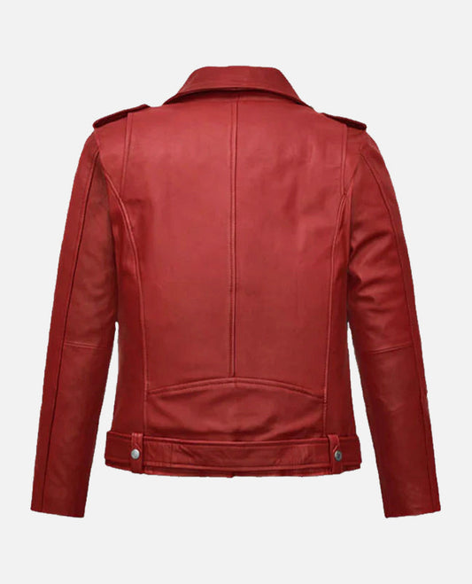 Freaky Millie Red Leather Biker Jacket for Women – Premium Outerwear - side angle view