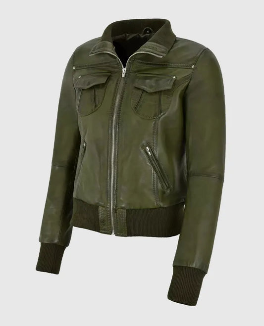 Women's Aviator Olive Green Bomber Leather Jacket – Custom Fit - side angle view