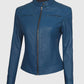 Women's Blue Cafe Racer Leather Jacket – Custom Fit - collar and zip close-up