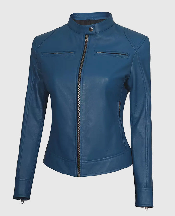 Women's Blue Cafe Racer Leather Jacket – Custom Fit - collar and zip close-up