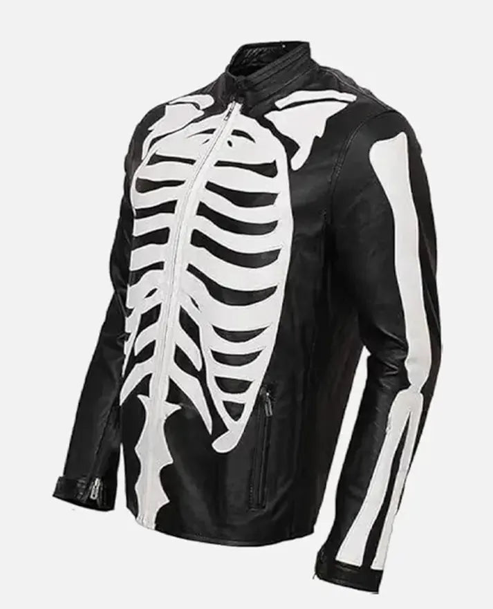 Halloween Special Spooky Skeleton Bones Cosplay Black Leather Jacket - side angle view