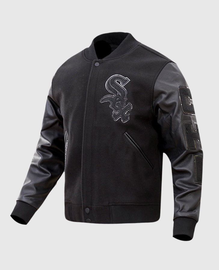 MLB Chicago White Sox Black Men's Varsity Leather Jacket - side angle view