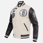 NBA Brooklyn Nets Men's Black & White Varsity Leather Jacket - collar and zip close-up