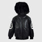 Men's 8 Ball Pool Black Hooded Bomber Leather Jacket - collar and zip close-up