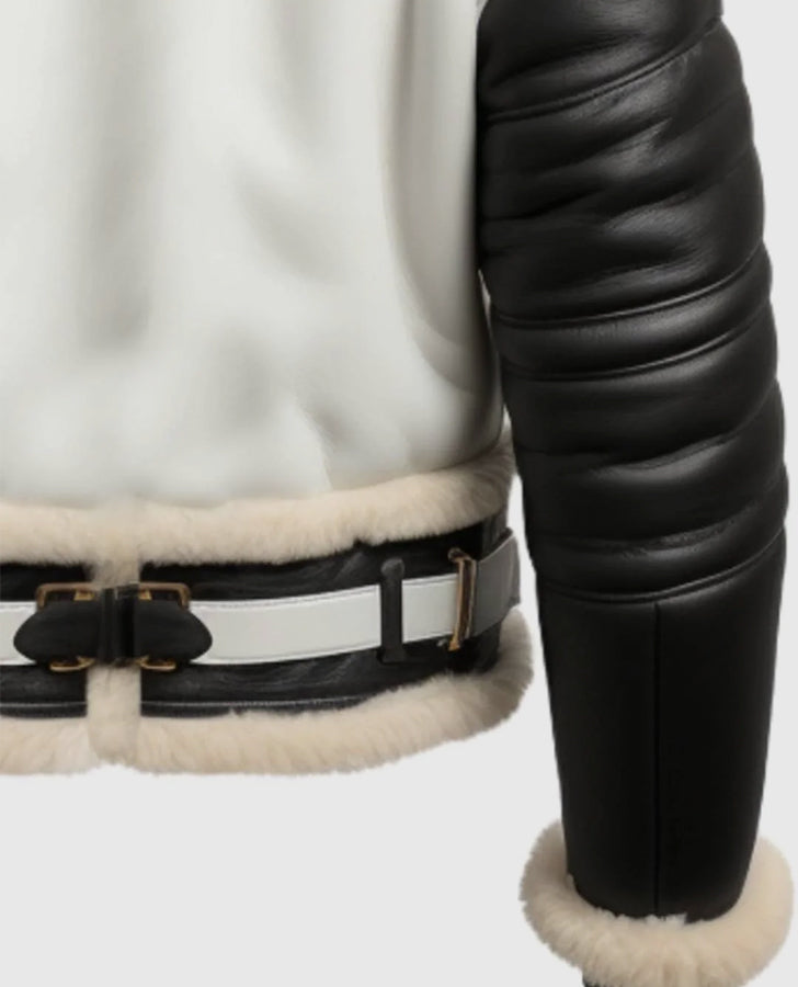 Men's Aviator B3 Bomber Leather Jacket - Black & White - collar and zip close-up