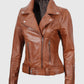 Women's Light Brown Asymmetrical Leather Biker Jacket - Belted - collar and zip close-up