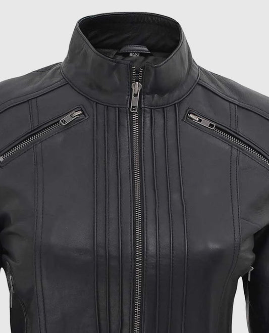 Women's Black Leather Cafe Racer Jacket with Decorated Seams - side angle view