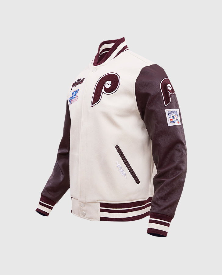 MLB Philadelphia Phillies Men's Rib White Wool Varsity Jacket - side angle view
