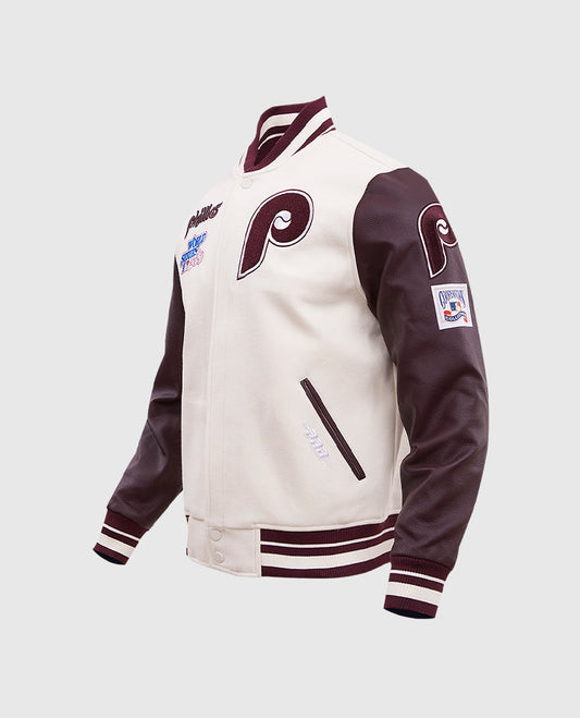 MLB Philadelphia Phillies Men's Rib White Wool Varsity Jacket - side angle view