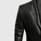 Men's 2 Button Black Leather Blazer | Genuine Leather - collar and zip close-up