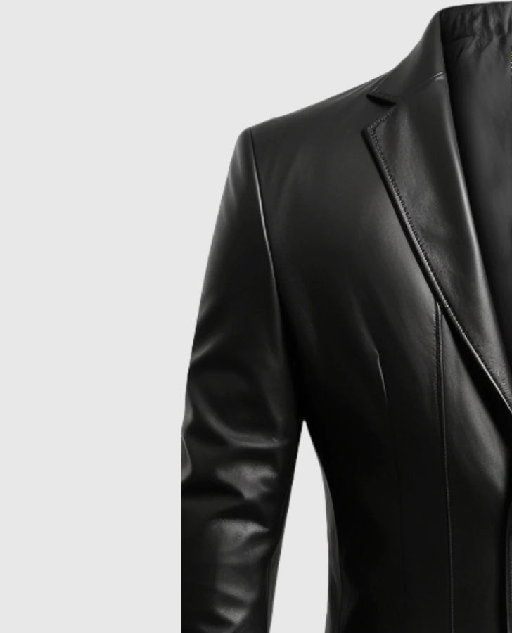 Men's 2 Button Black Leather Blazer | Genuine Leather - collar and zip close-up