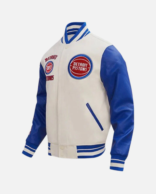 NBA Detroit Pistons Men's Blue Varsity Leather Jacket - side angle view