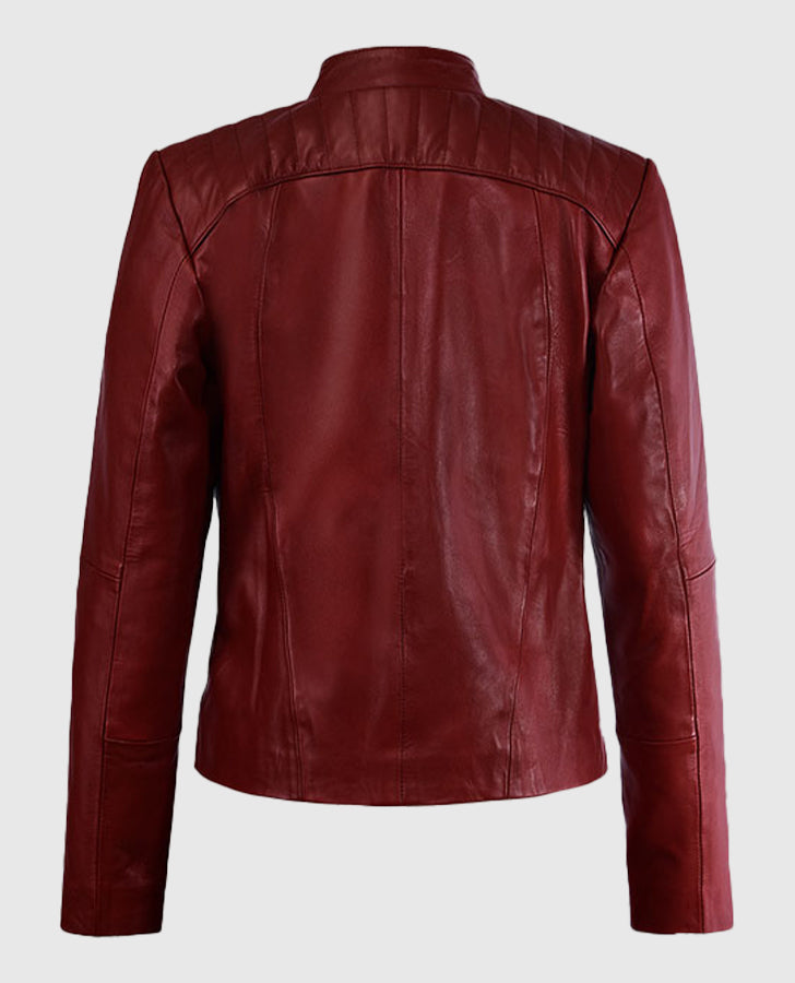 Kaya Scodelario Resident Evil Red Leather Jacket for Women - side angle view