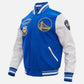 NBA Golden State Warriors Men's Blue & White Varsity Leather Jacket - side angle view