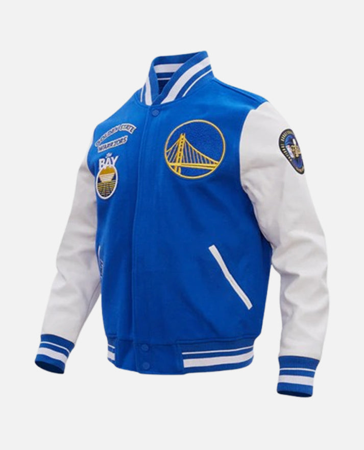 NBA Golden State Warriors Men's Blue & White Varsity Leather Jacket - side angle view