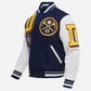 NBA Denver Nuggets Men's Rib Blue & White Wool Varsity Jacket - collar and zip close-up