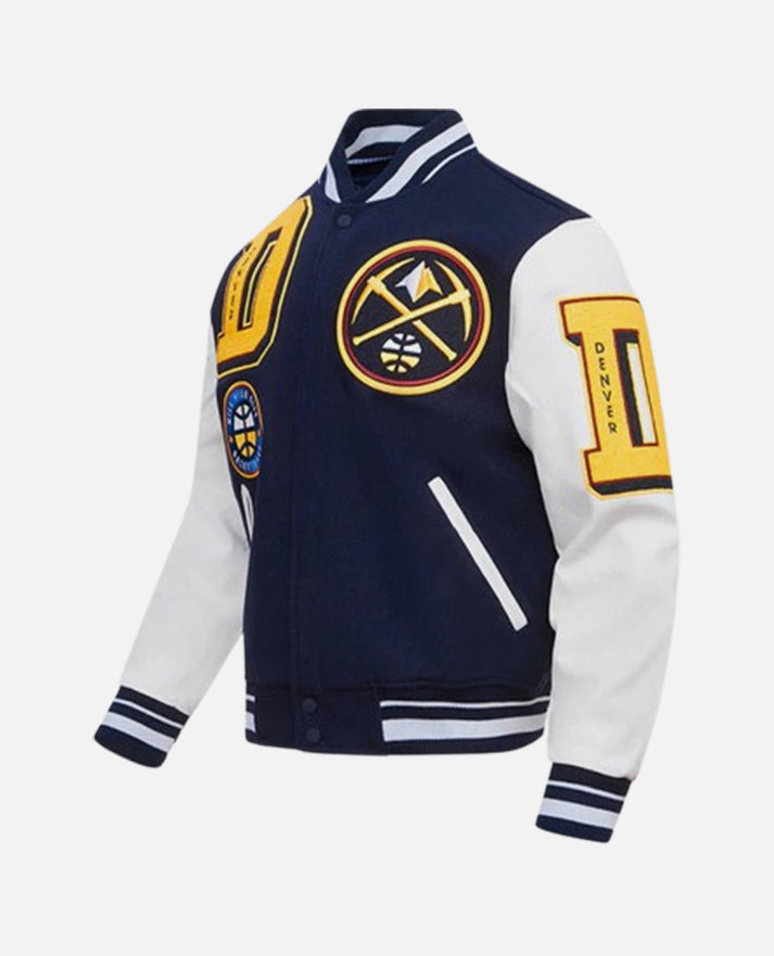 NBA Denver Nuggets Men's Rib Blue & White Wool Varsity Jacket - collar and zip close-up