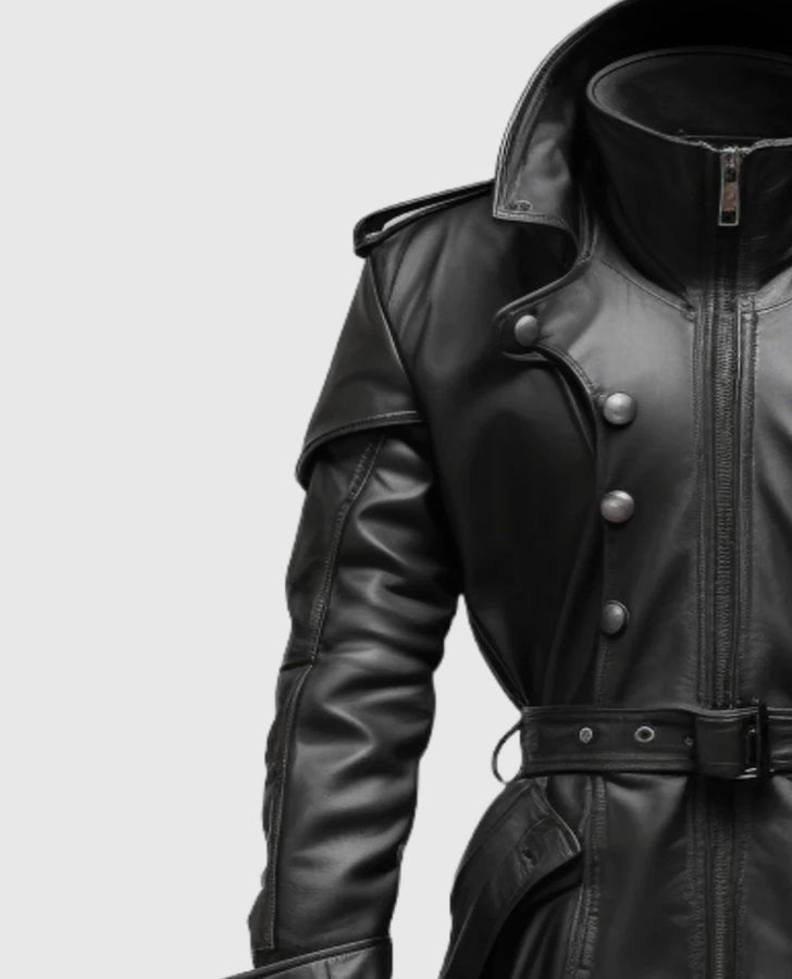 Men's Black Stylish Hooded Leather Coat – Custom Fit - collar and zip close-up