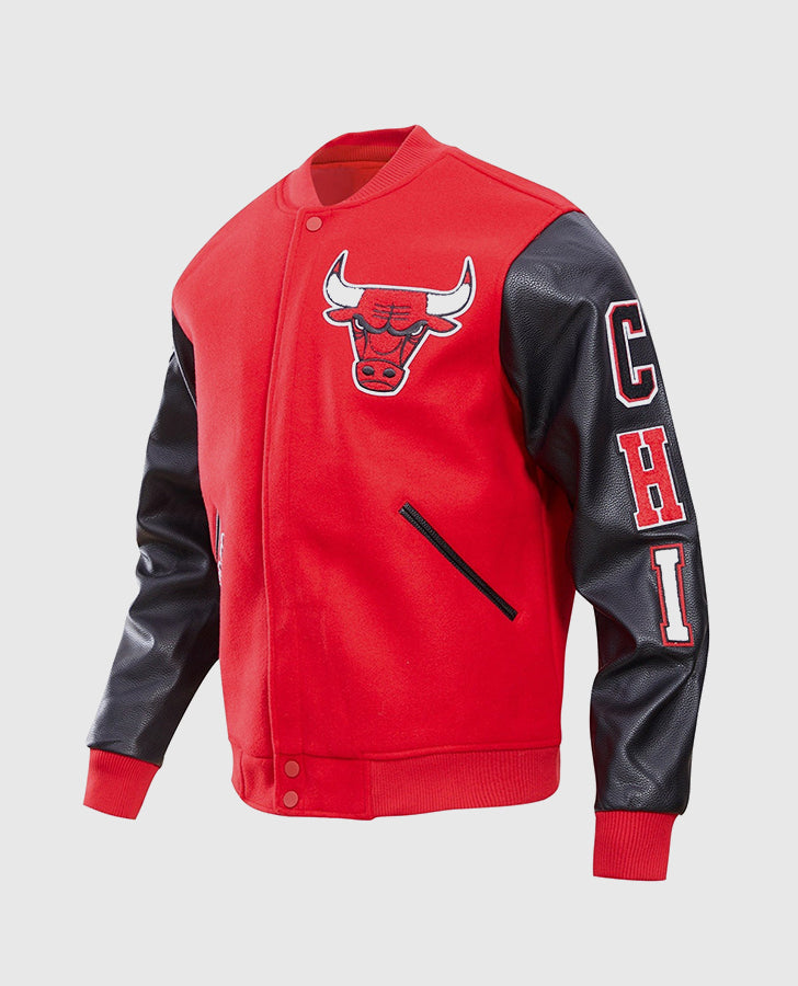 NBA Chicago Bulls Men's Red Varsity Leather Jacket - side angle view