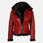 Women's Red Bomber Shearling Leather Jacket with Hood