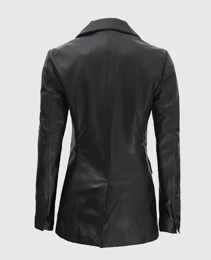 Women's Double Breasted Black Leather Blazer – Premium Outerwear - side angle view