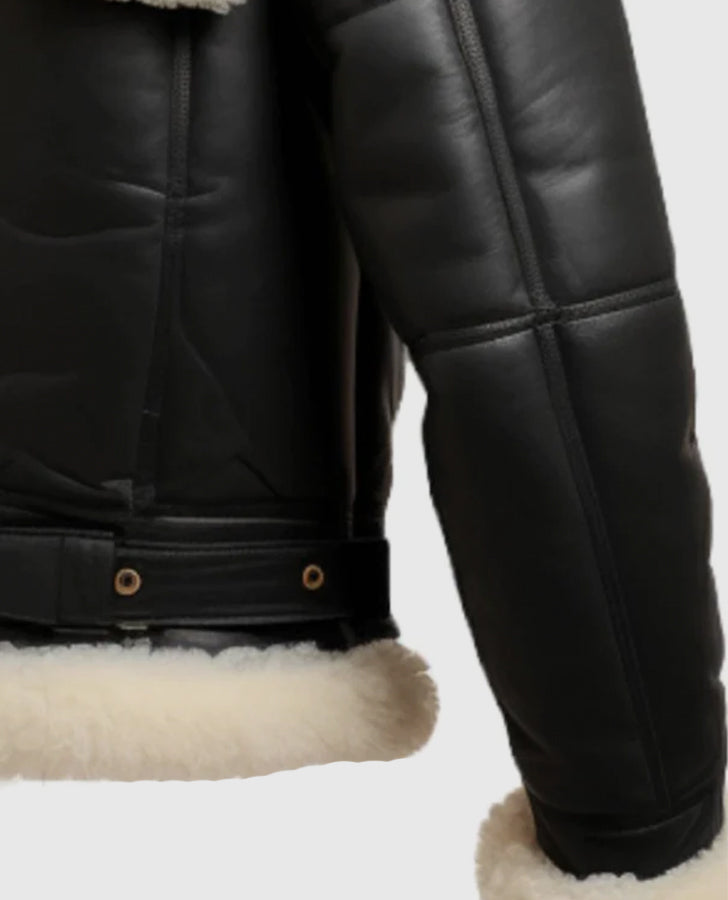 Men's Aviator B3 Bomber Black Leather Jacket – Premium Outerwear - collar and zip close-up