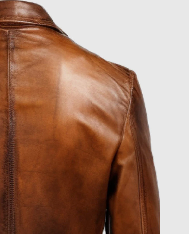 Men's Vintage Brown Leather Blazer – Custom Fit | Genuine Leather - collar and zip close-up