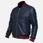 Men's Blue Sheepskin Leather Varsity Bomber Jacket - side angle view