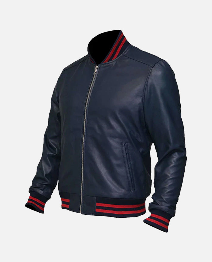 Men's Blue Sheepskin Leather Varsity Bomber Jacket - side angle view