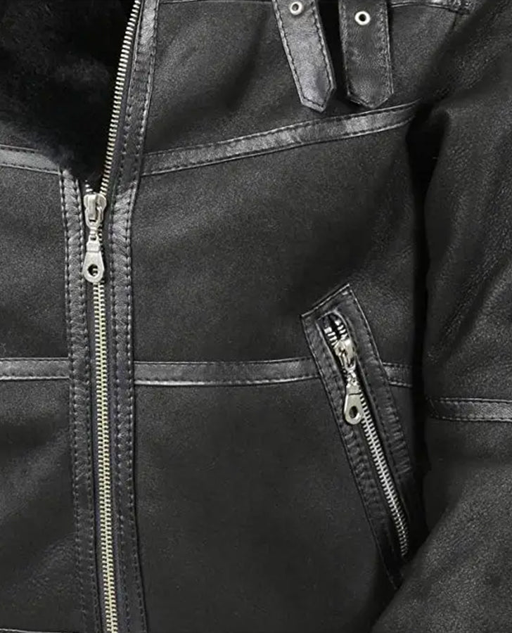 Men's Aviator B16 Sheepskin Black Shearling Leather Jacket - collar and zip close-up