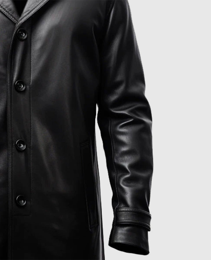 Men's Black Leather Car Style Coat – Custom Fit | Genuine Leather - collar and zip close-up