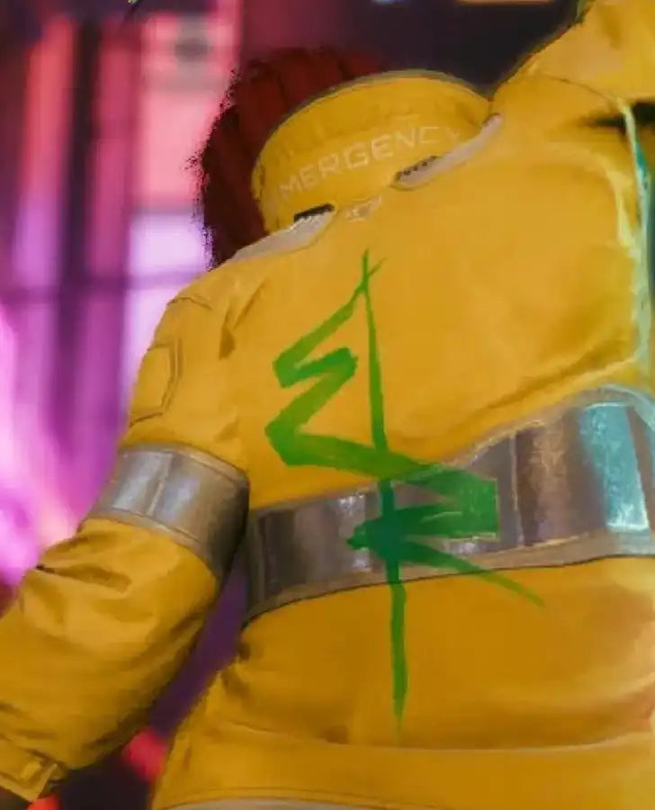 Cyberpunk 2077 Edgerunners Lucy Yellow Leather Jacket for Men - collar and zip close-up