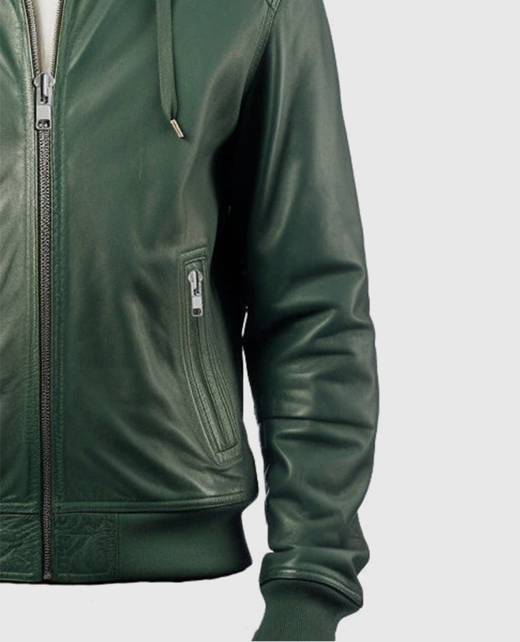 Men's Green Faux Leather Hooded Jacket with Hood – Premium Outerwear - collar and zip close-up