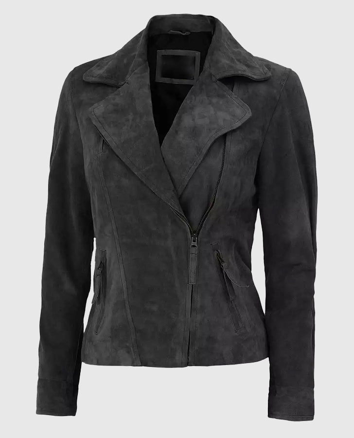 Women's Grey Suede Leather Moto Jacket – Custom Fit - side angle view
