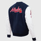 MLB Atlanta Braves Men's Blue Varsity Leather Jacket - side angle view