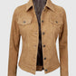 Women's Light Brown Suede Leather Trucker Jacket | Genuine Leather - side angle view