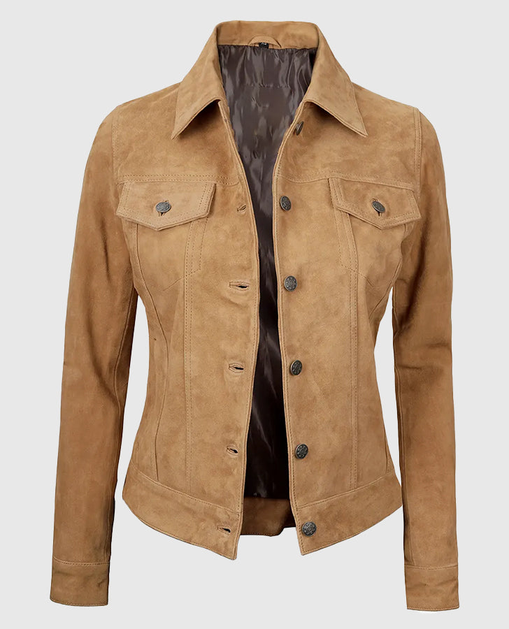 Women's Light Brown Suede Leather Trucker Jacket | Genuine Leather - side angle view