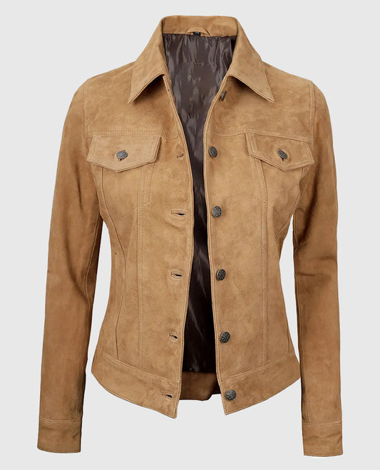 Women's Light Brown Suede Leather Trucker Jacket | Genuine Leather - side angle view