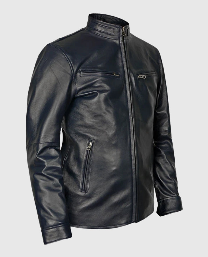 Vin Diesel Fast and Furious 6 Blue Leather Jacket for Men - collar and zip close-up