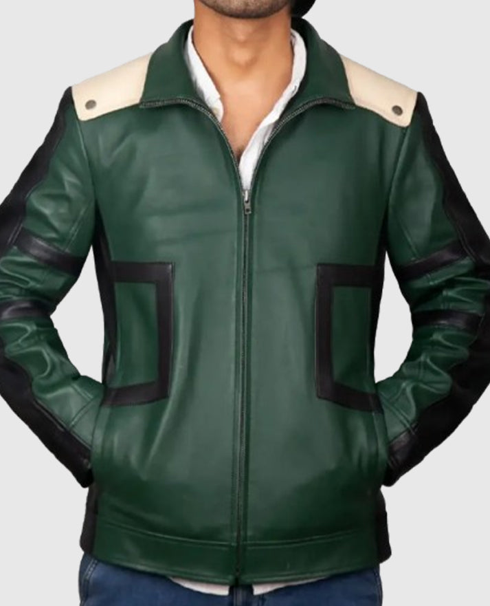 Izuku Midoriya My Hero Academia Green Leather Jacket for Men - side angle view