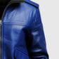 Men's Blue Leather Bomber Jacket – Custom Fit | Genuine Leather - collar and zip close-up