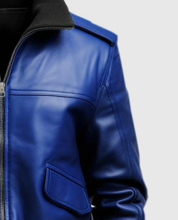 Men's Blue Leather Bomber Jacket – Custom Fit | Genuine Leather - collar and zip close-up
